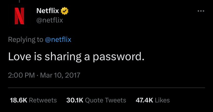 Tweet posted on March 10, 2017, from Netflix's official Twitter account that says "Love is sharing a password."